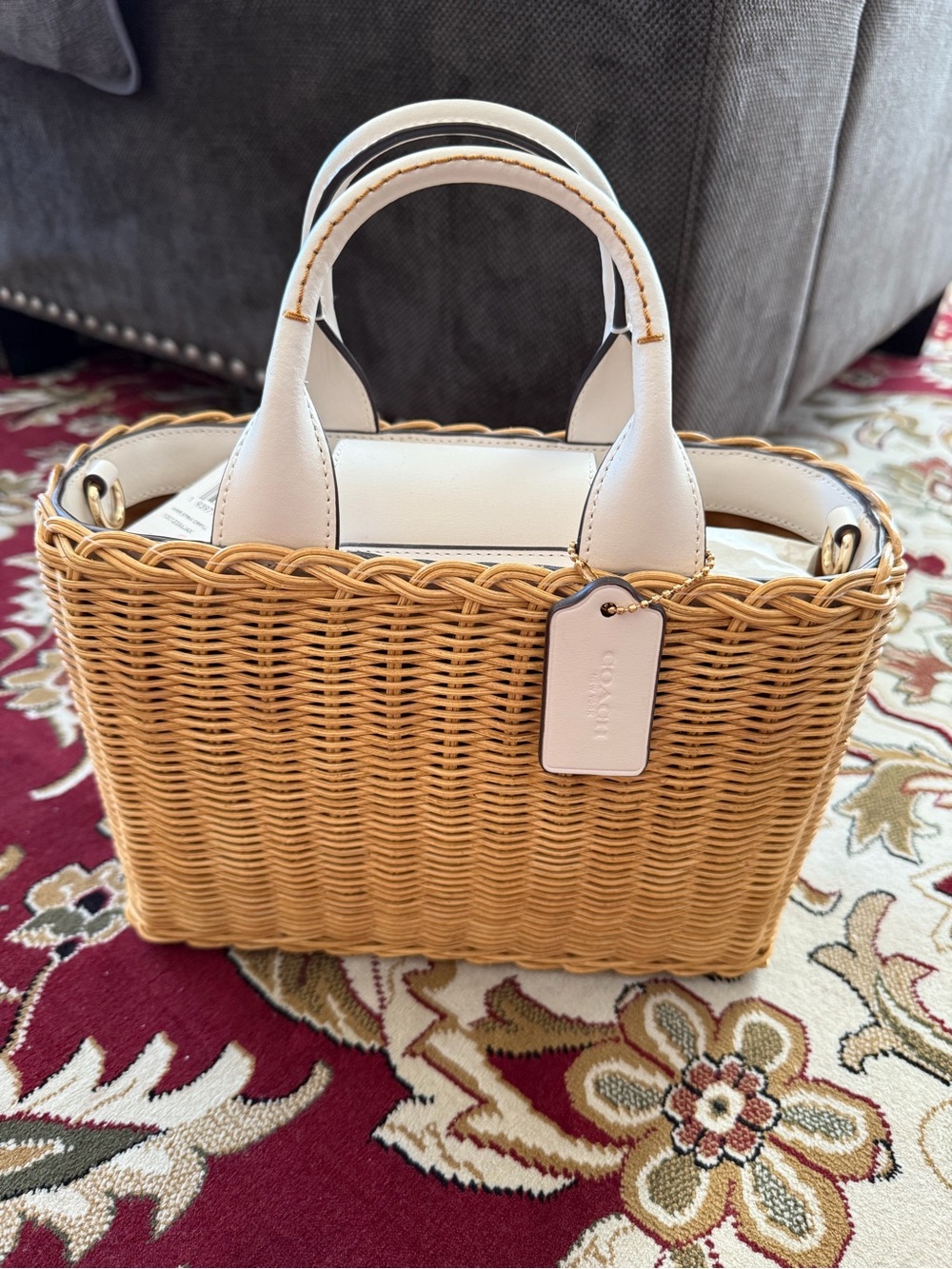 Coach Wicker Straw Tote Crossbody with White Leather Handles